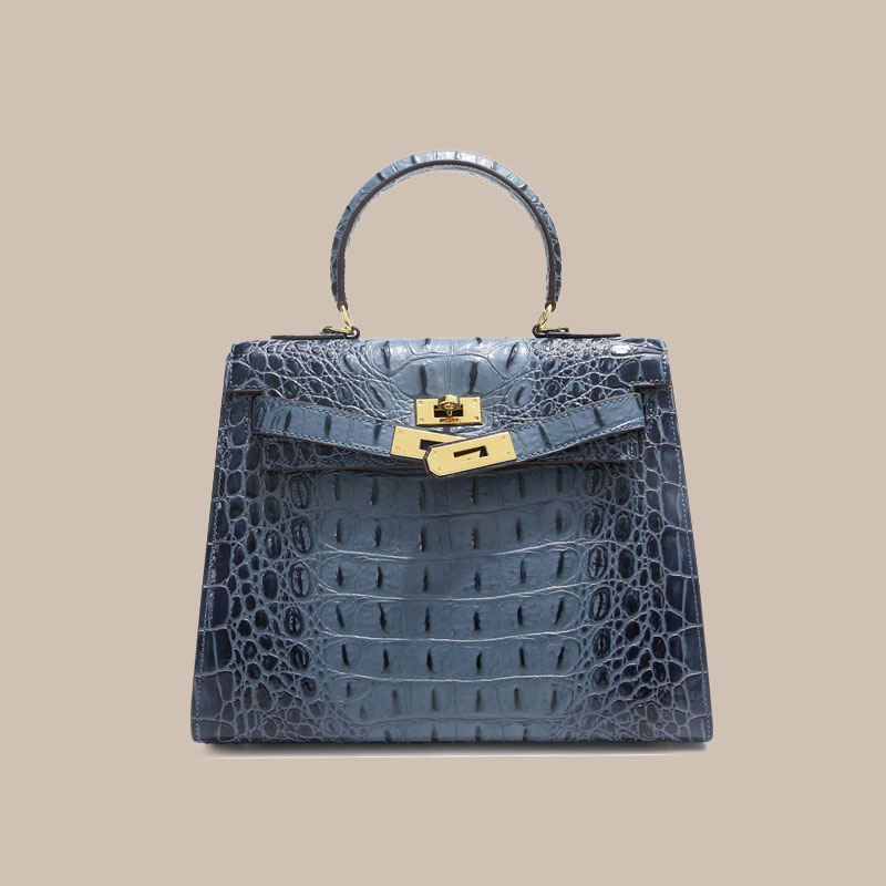 Sac à main vintage à bandoulière en cuir fendu gaufré au crocodile et à la quincaillerie dorée pour femmes