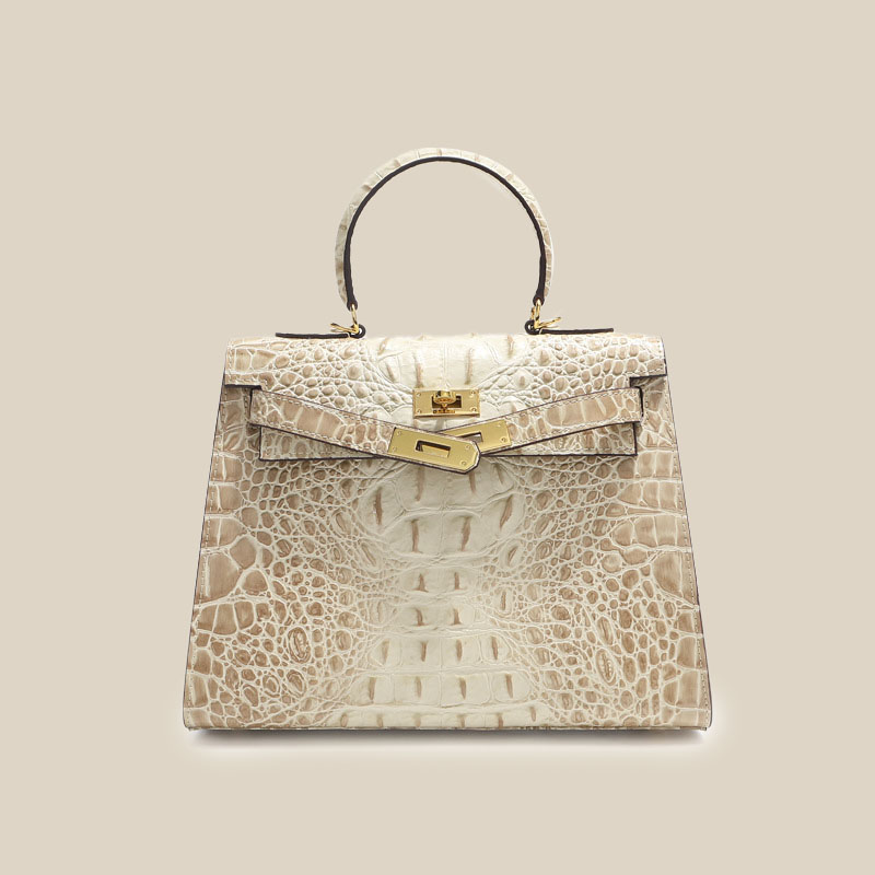 Women's Vintage Crocodile-Embossed Split Leather Shoulder Strap Top Handle Bag In Gold Hardware