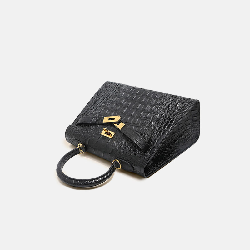 Sac à main vintage à bandoulière en cuir fendu gaufré au crocodile et à la quincaillerie dorée pour femmes