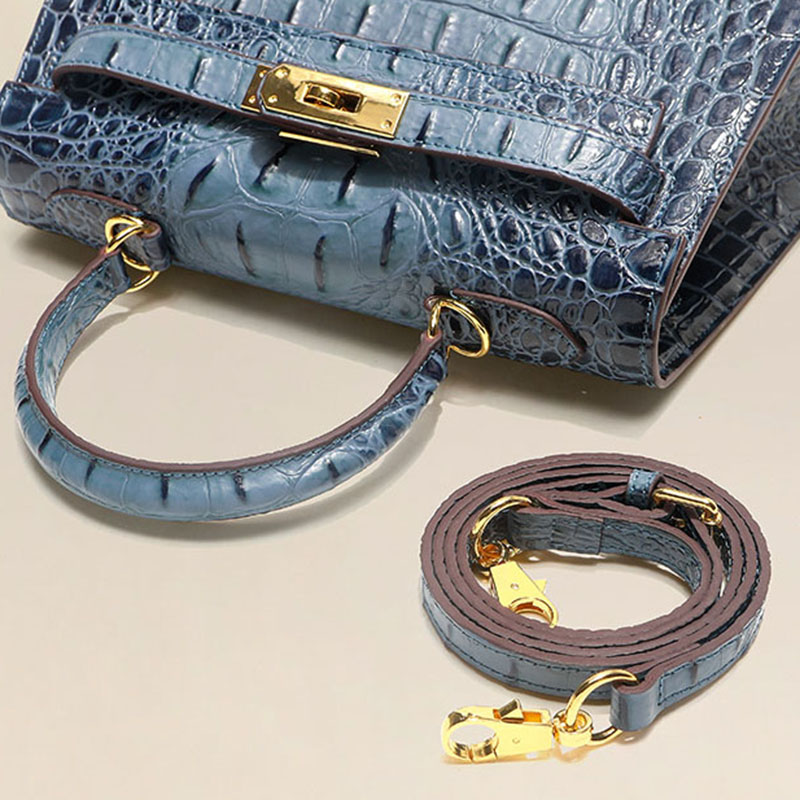 Sac à main vintage à bandoulière en cuir fendu gaufré au crocodile et à la quincaillerie dorée pour femmes