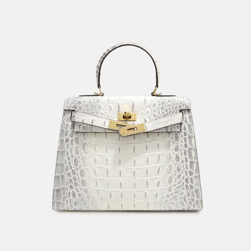 Sac à main vintage à bandoulière en cuir fendu gaufré au crocodile et à la quincaillerie dorée pour femmes