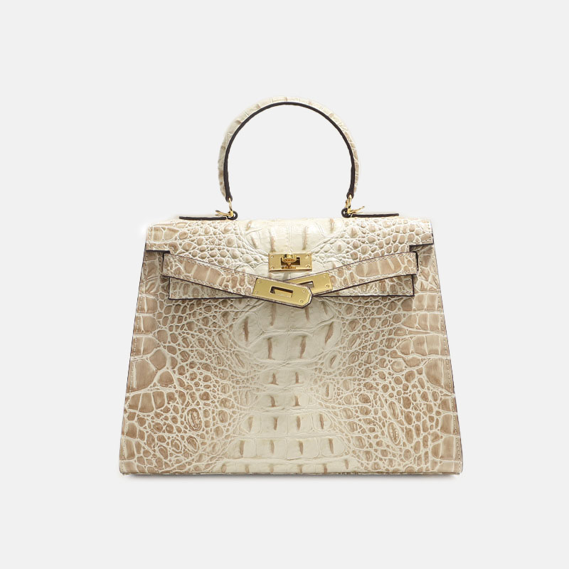 Sac à main vintage à bandoulière en cuir fendu gaufré au crocodile et à la quincaillerie dorée pour femmes