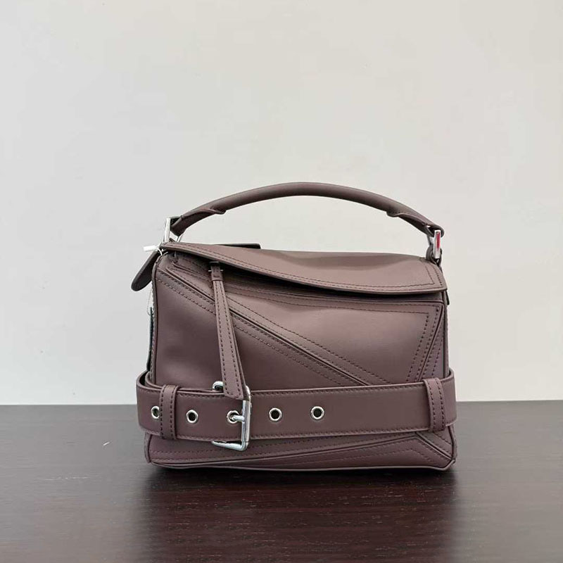 Women's Vintage Full-Grain Leather Geometric Patchwork Buckle Shoulder Strap Handbag