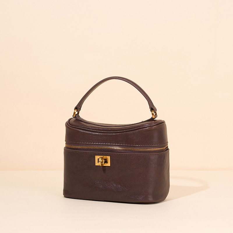 Sac à main vintage en cuir pleine fleur avec fermeture à glissière et poignée épaule en or