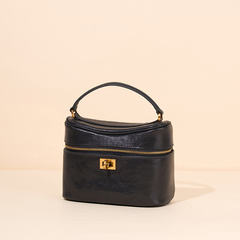 Sac à main vintage en cuir pleine fleur avec fermeture à glissière et poignée épaule en or