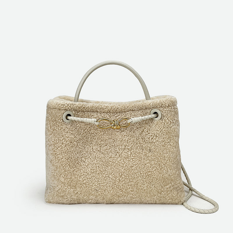 Femmes Vintage Lambswool Plush Metal Bow Shoulder Crossbody Handbag