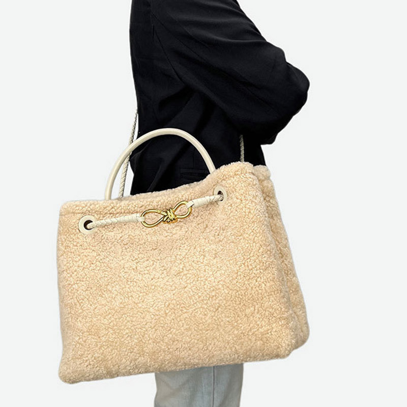 Femmes Vintage Lambswool Plush Metal Bow Shoulder Crossbody Handbag