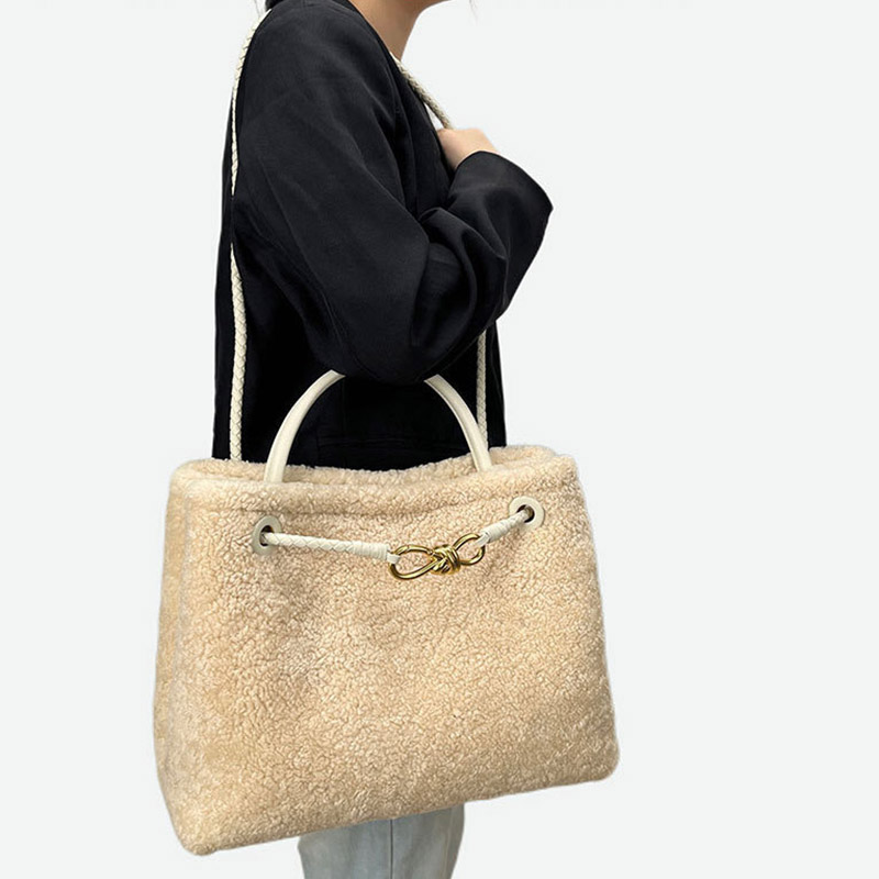 Femmes Vintage Lambswool Plush Metal Bow Shoulder Crossbody Handbag