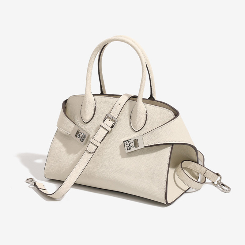 Minimalistische Damen Vollnarbenleder Schulter Crossbody Top Handle Tasche mit silberner Hardware