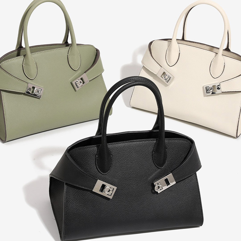 Minimalistische Damen Vollnarbenleder Schulter Crossbody Top Handle Tasche mit silberner Hardware