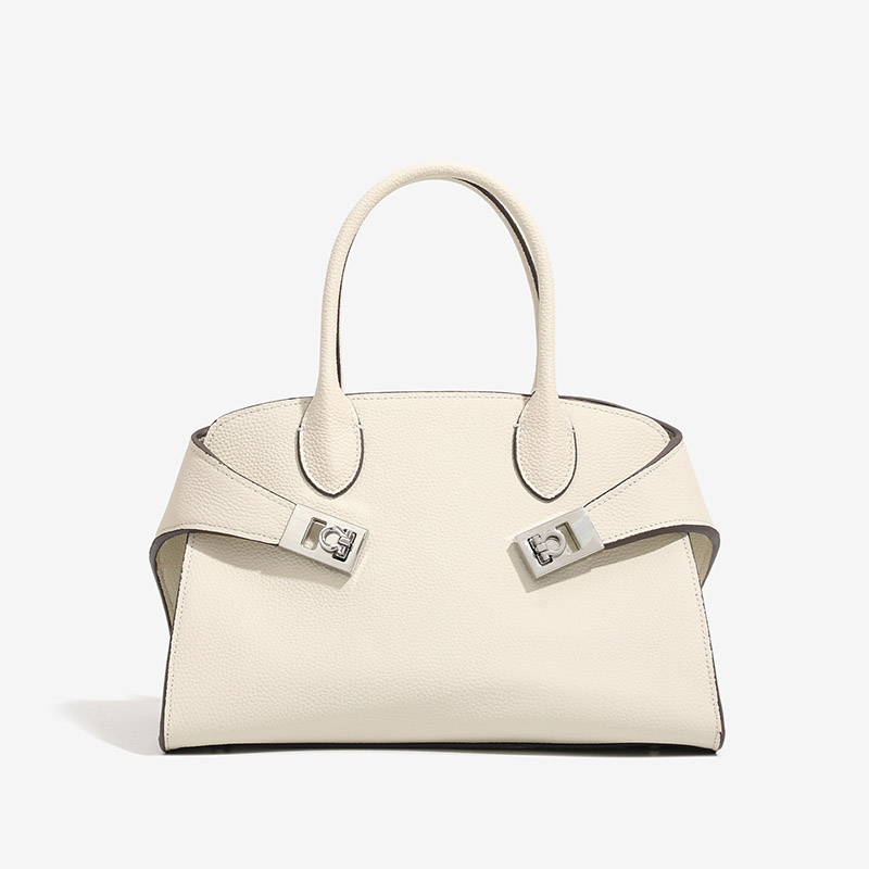 Minimalistische Damen Vollnarbenleder Schulter Crossbody Top Handle Tasche mit silberner Hardware