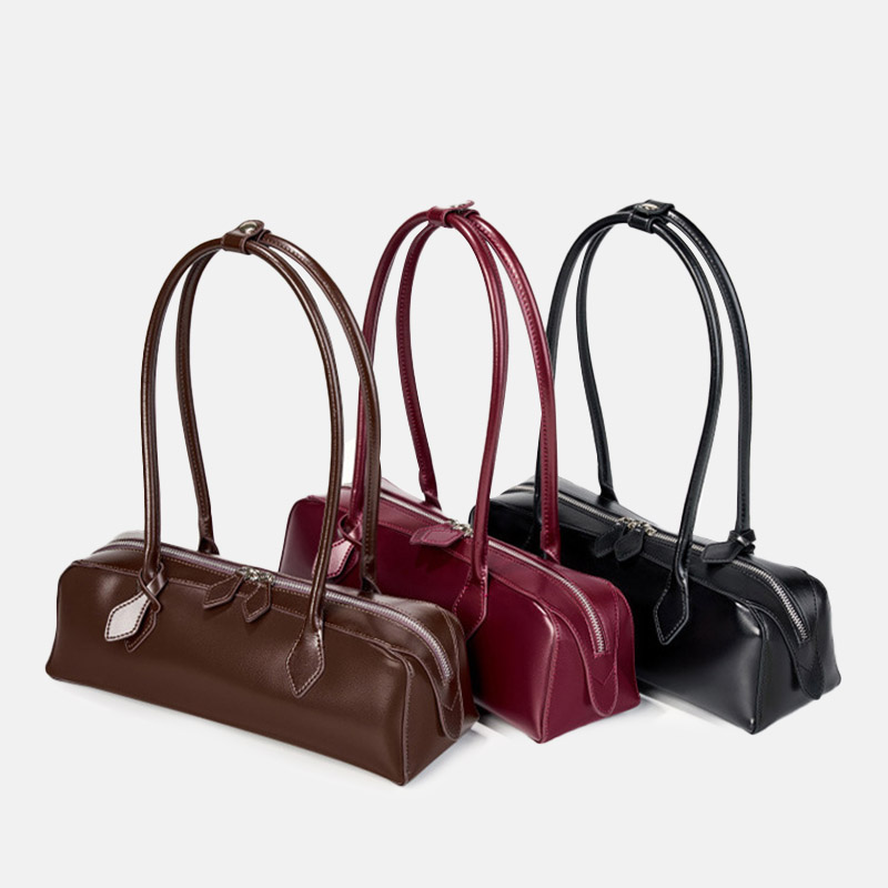 Sac baguette à bandoulière en cuir véritable pour femmes