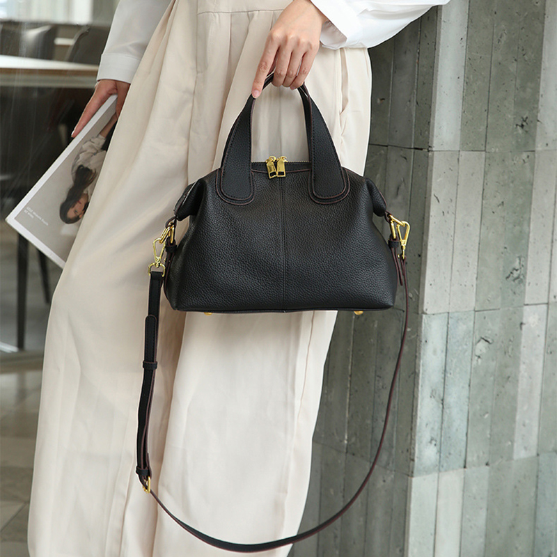Minimalistische Damen Vollnarbenleder Reißverschluss Crossbody Schulterriemen Top Handle Tasche