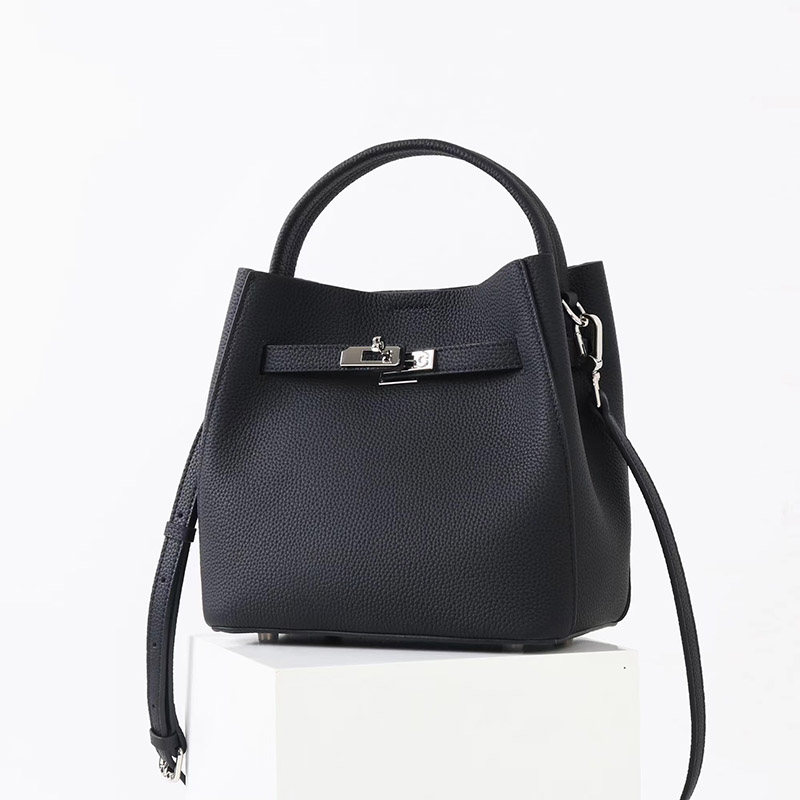 Women's Vintage Full-Grain Leather Crossbody Shoulder Bucket Handbag In Silver Hardware