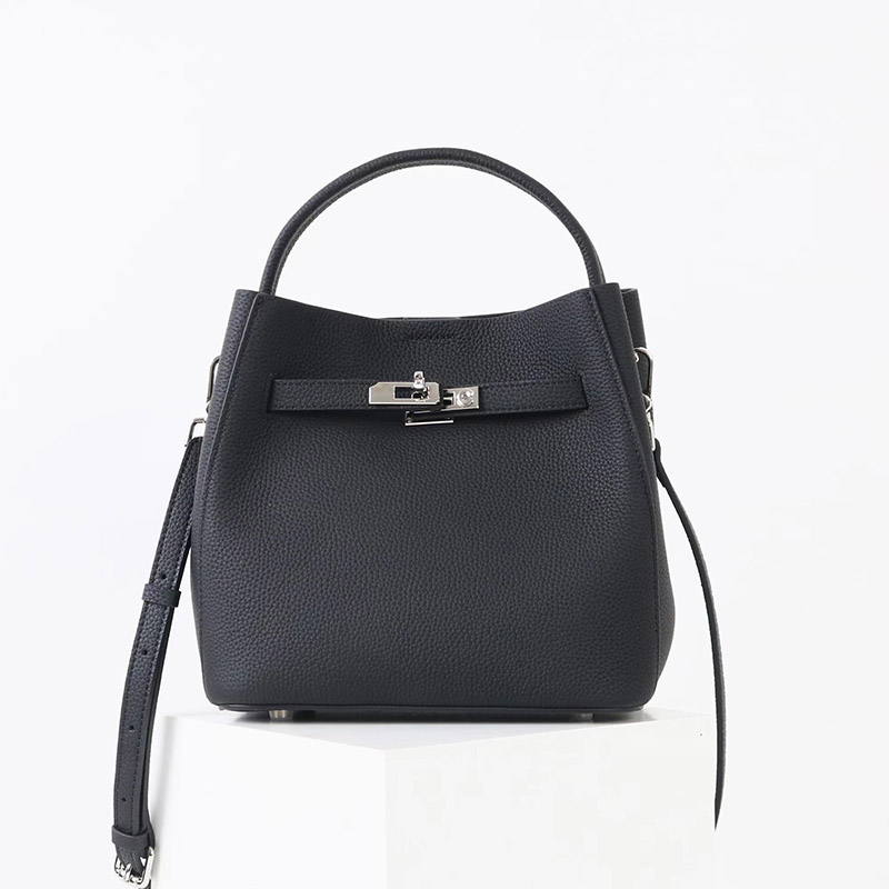 Women's Vintage Full-Grain Leather Crossbody Shoulder Bucket Handbag In Silver Hardware