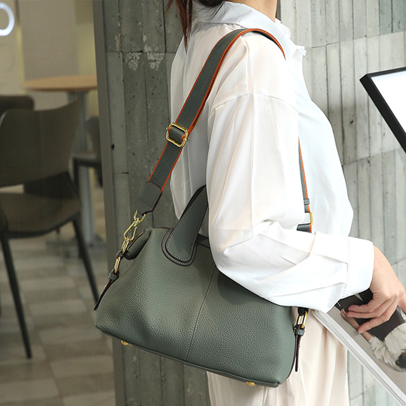 Minimalistische Damen Vollnarbenleder Reißverschluss Crossbody Schulterriemen Top Handle Tasche