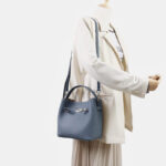 Women's Vintage Full-Grain Leather Crossbody Shoulder Bucket Handbag In Silver Hardware