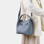 Women's Vintage Full-Grain Leather Crossbody Shoulder Bucket Handbag In Silver Hardware