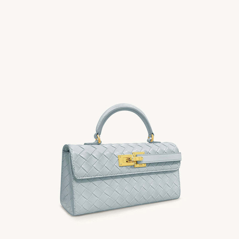 Sac à main en cuir véritable tissé pour femmes avec fermeture en or