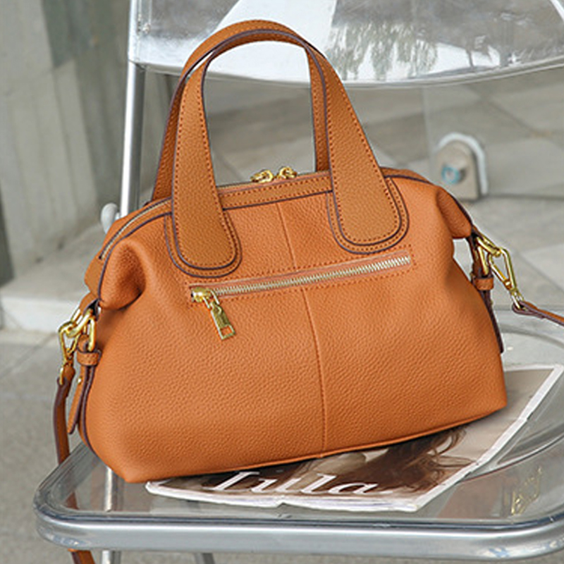 Minimalistische Damen Vollnarbenleder Reißverschluss Crossbody Schulterriemen Top Handle Tasche