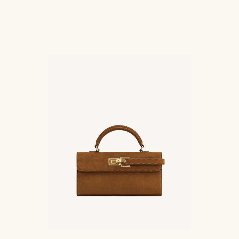 Sac à main en daim marron en cuir véritable avec fermeture en or pour les femmes