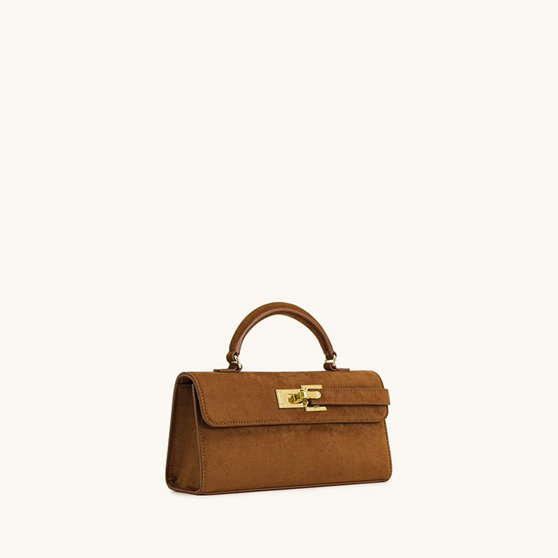 Sac à main en daim marron en cuir véritable avec fermeture en or pour les femmes