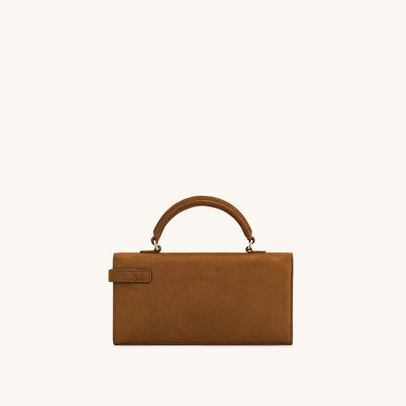 Sac à main en daim marron en cuir véritable avec fermeture en or pour les femmes