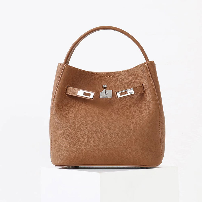 Women's Vintage Full-Grain Leather Crossbody Shoulder Bucket Handbag In Silver Hardware