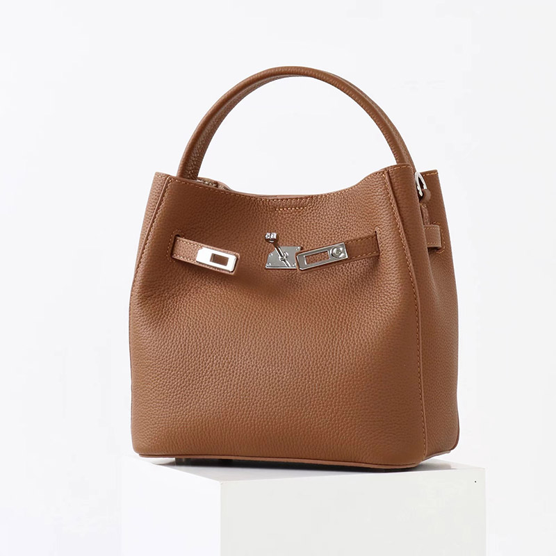 Women's Vintage Full-Grain Leather Crossbody Shoulder Bucket Handbag In Silver Hardware