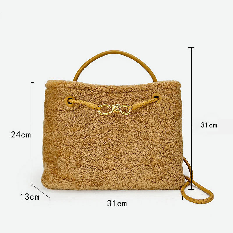 Femmes Vintage Lambswool Plush Metal Bow Shoulder Crossbody Handbag