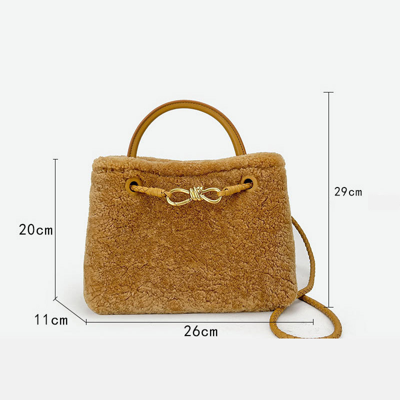 Femmes Vintage Lambswool Plush Metal Bow Shoulder Crossbody Handbag