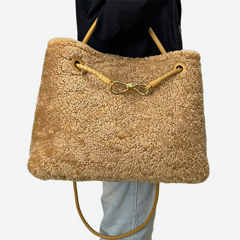 Femmes Vintage Lambswool Plush Metal Bow Shoulder Crossbody Handbag