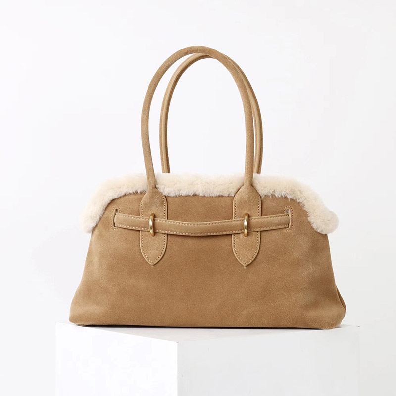 Women's Brown Vintage Suede Leather Plush Trim Shell-Shaped Shoulder Crossbody Handbag In Gold Clasp