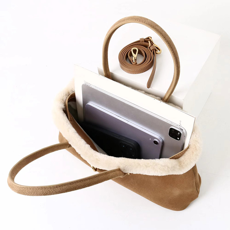 Women's Brown Vintage Suede Leather Plush Trim Shell-Shaped Shoulder Crossbody Handbag In Gold Clasp