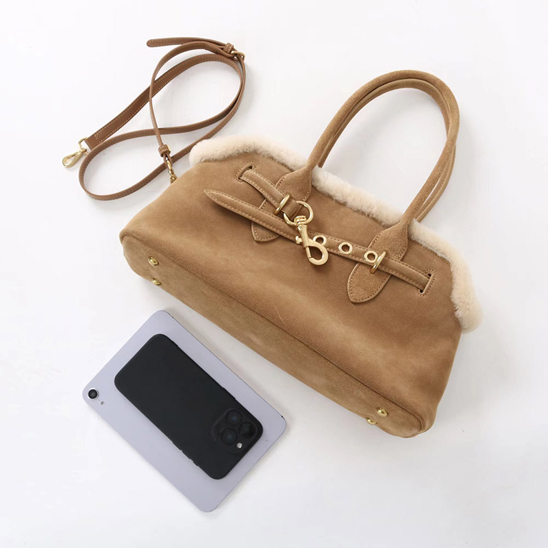 Women's Brown Vintage Suede Leather Plush Trim Shell-Shaped Shoulder Crossbody Handbag In Gold Clasp