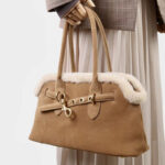 Women's Brown Vintage Suede Leather Plush Trim Shell-Shaped Shoulder Crossbody Handbag In Gold Clasp