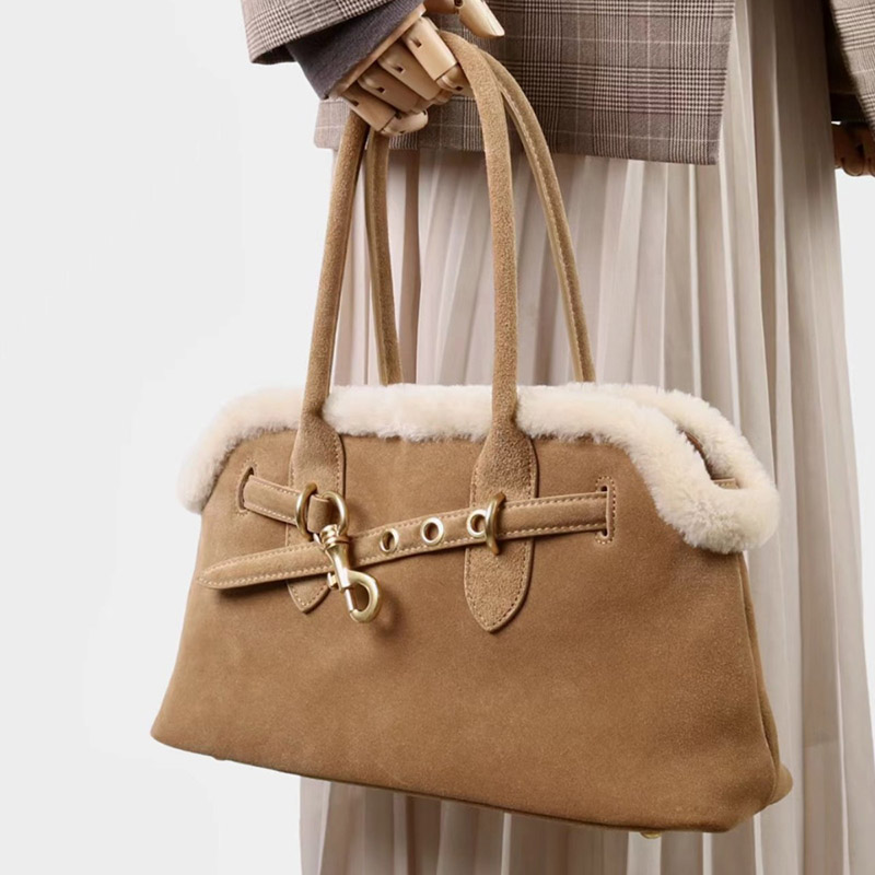 Women's Brown Vintage Suede Leather Plush Trim Shell-Shaped Shoulder Crossbody Handbag In Gold Clasp