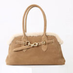Women's Brown Vintage Suede Leather Plush Trim Shell-Shaped Shoulder Crossbody Handbag In Gold Clasp