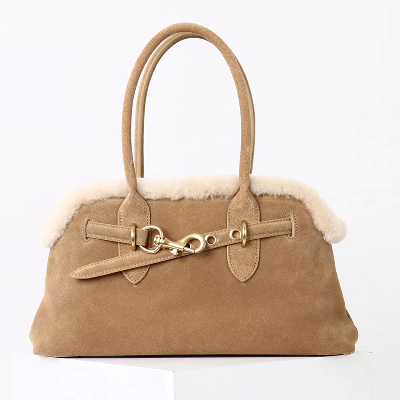 Women's Brown Vintage Suede Leather Plush Trim Shell-Shaped Shoulder Crossbody Handbag In Gold Clasp
