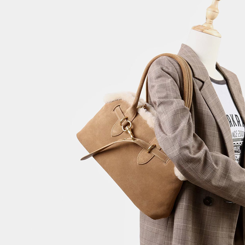Women's Brown Vintage Suede Leather Plush Trim Shell-Shaped Shoulder Crossbody Handbag In Gold Clasp