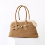 Women's Brown Vintage Suede Leather Plush Trim Shell-Shaped Shoulder Crossbody Handbag In Gold Clasp