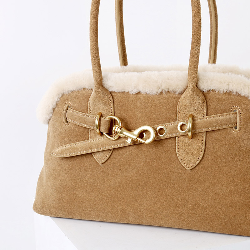 Women's Brown Vintage Suede Leather Plush Trim Shell-Shaped Shoulder Crossbody Handbag In Gold Clasp