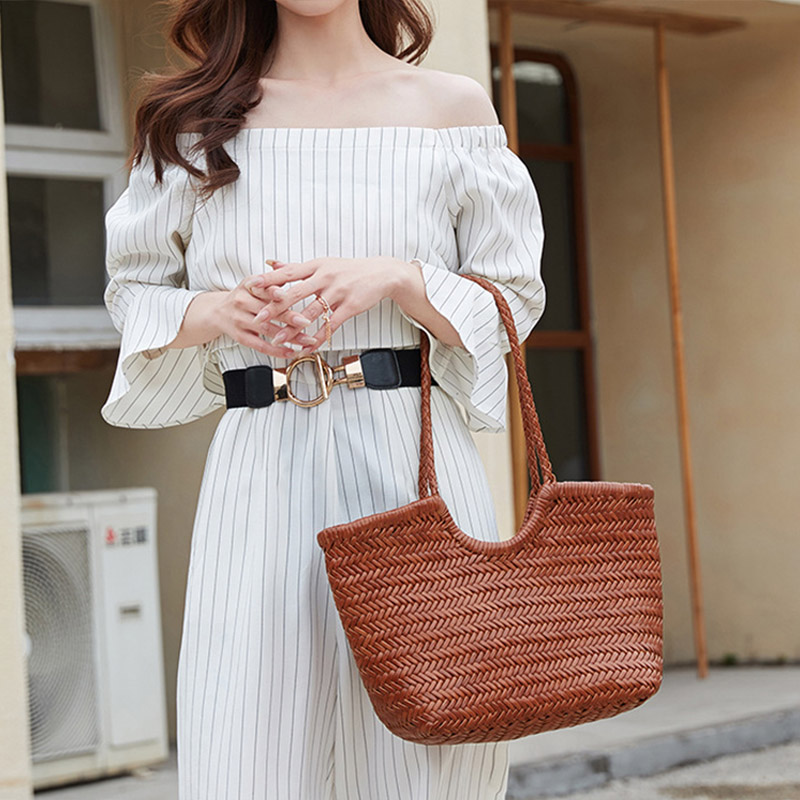 Sac fourre-tout vintage en cuir de grain supérieur tressé pour femmes