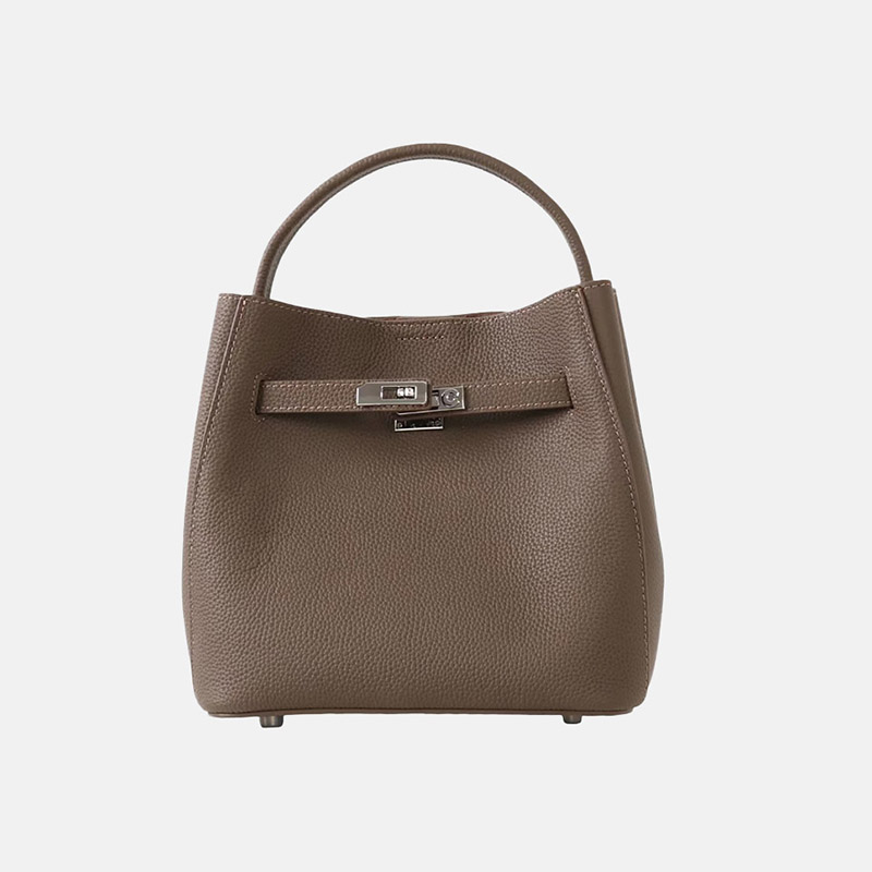 Women's Vintage Full-Grain Leather Crossbody Shoulder Bucket Handbag In Silver Hardware
