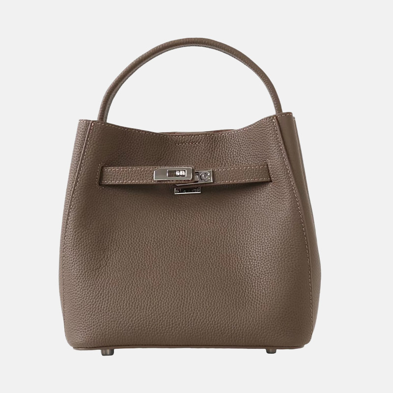 Women's Vintage Full-Grain Leather Crossbody Shoulder Bucket Handbag In Silver Hardware