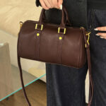Women's Vintage Top-Grain Leather Pillow-Shaped Zipper Crossbody Shoulder Handbag In Gold Hardware