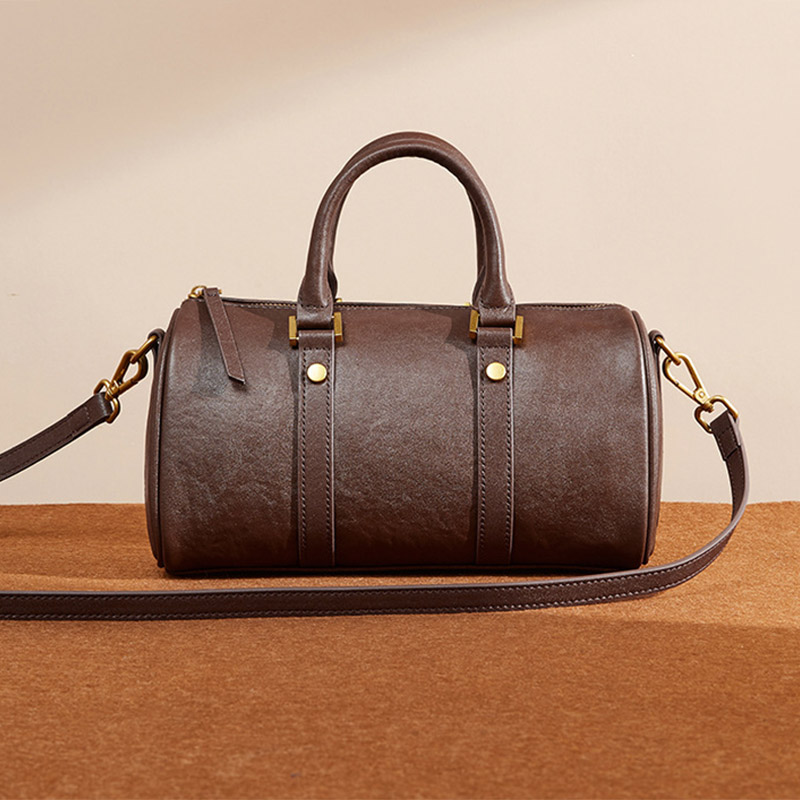Women's Vintage Top-Grain Leather Pillow-Shaped Zipper Crossbody Shoulder Handbag In Gold Hardware