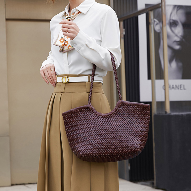 Sac fourre-tout vintage en cuir de grain supérieur tressé pour femmes