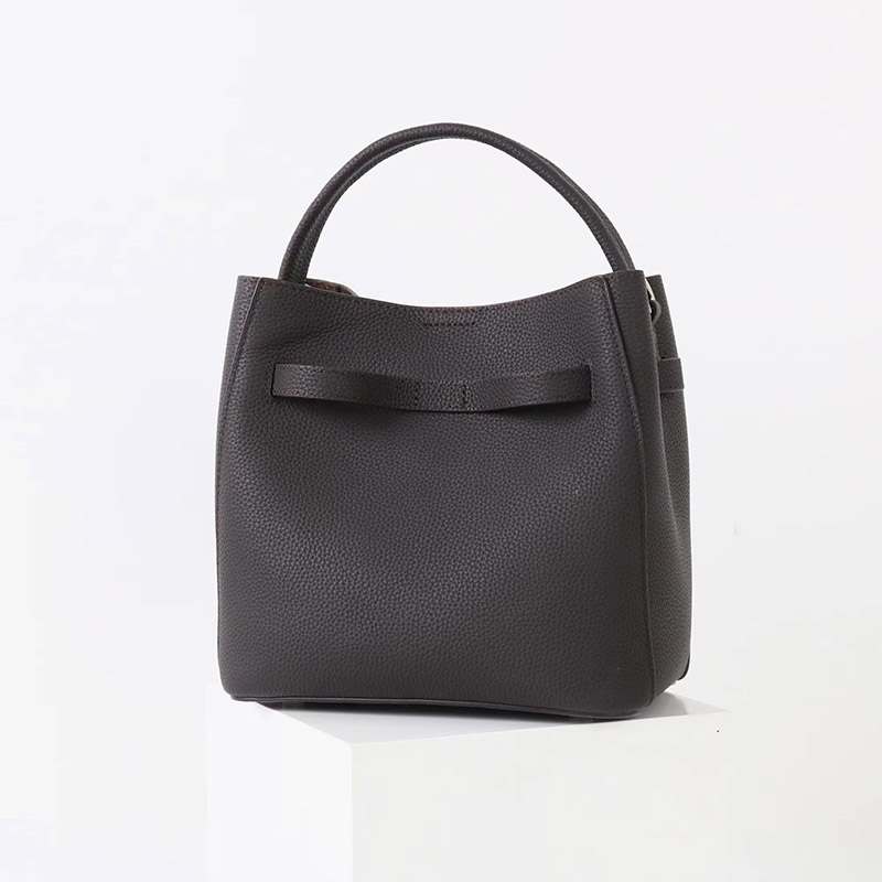 Women's Vintage Full-Grain Leather Crossbody Shoulder Bucket Handbag In Silver Hardware