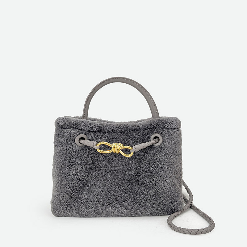 Femmes Vintage Lambswool Plush Metal Bow Shoulder Crossbody Handbag